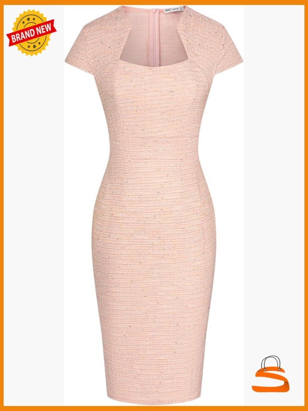 Vintage Style Bodycon Pencil Dress Cap Sleeve V-Neck Back Zip Work Dress